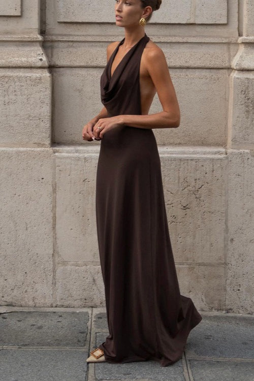 Women's SOERA Celeste Brown Halter Backless Maxi Dress