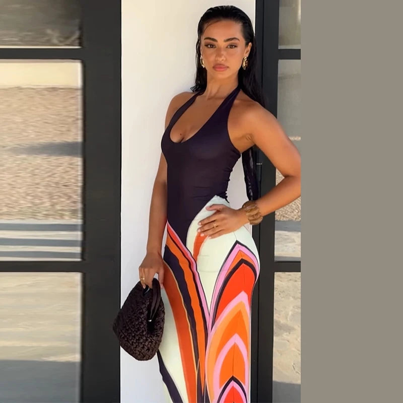 Women's Print Long Dress Deep V-Neck Sleeveless Backless A-Line