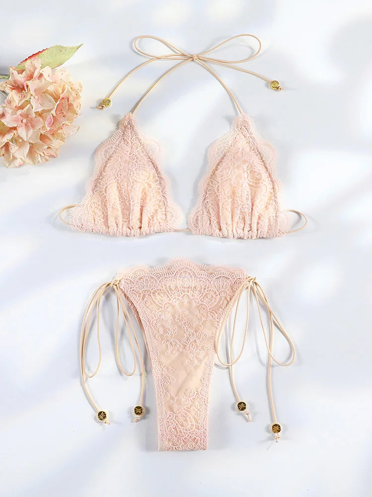 Women's Sexy Hollow Lace Patchwork Triangle Bikini Set