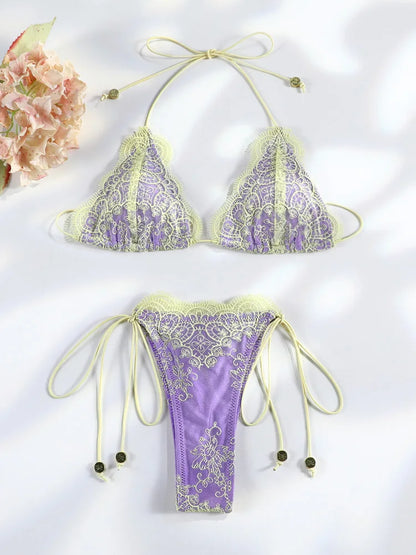 Women's Sexy Hollow Lace Patchwork Triangle Bikini Set