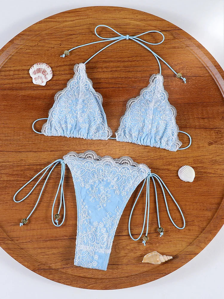 Women's Sexy Hollow Lace Patchwork Triangle Bikini Set