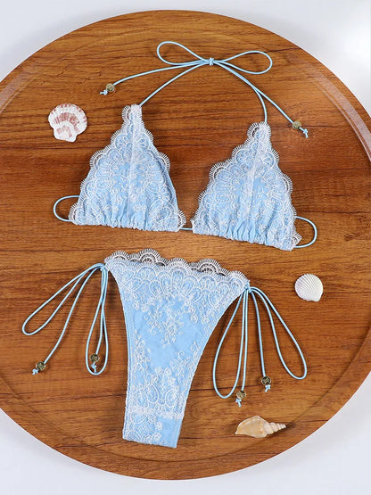 Women's Sexy Hollow Lace Patchwork Triangle Bikini Set