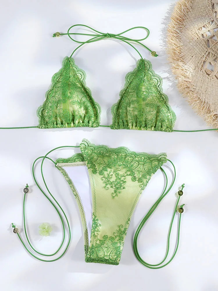 Women's Sexy Hollow Lace Patchwork Triangle Bikini Set