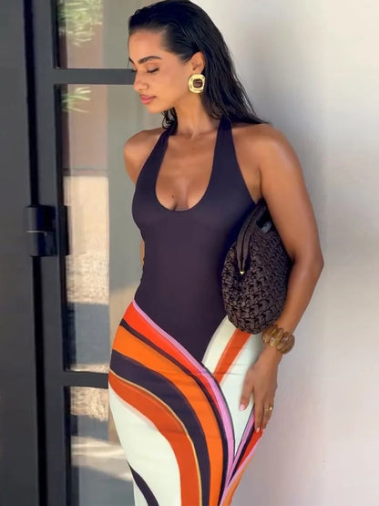 Women's Print Long Dress Deep V-Neck Sleeveless Backless A-Line