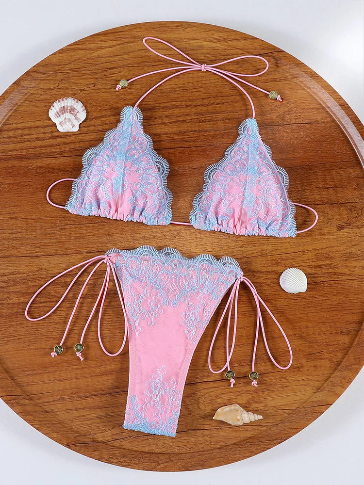 Women's Sexy Hollow Lace Patchwork Triangle Bikini Set