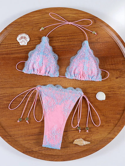 Women's Sexy Hollow Lace Patchwork Triangle Bikini Set