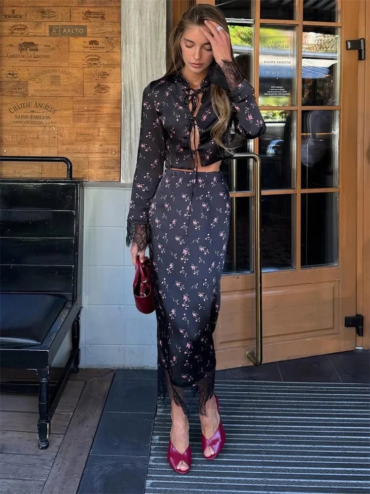Women's Celeste Lace Trim Floral Hollow Out Top and Maxi Skirt Set Black