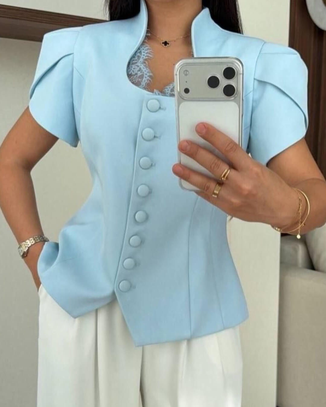 Women's SOERA Bianca Button Front Stand Collar Top