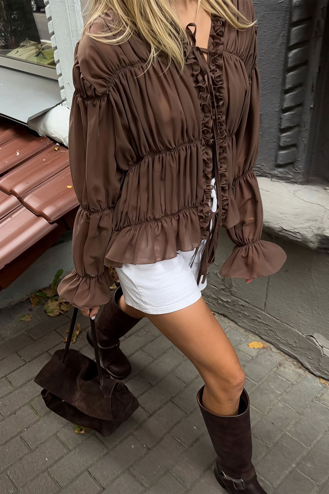 Women's SOERA Beatrice Ruched Ruffle Tie Blouse