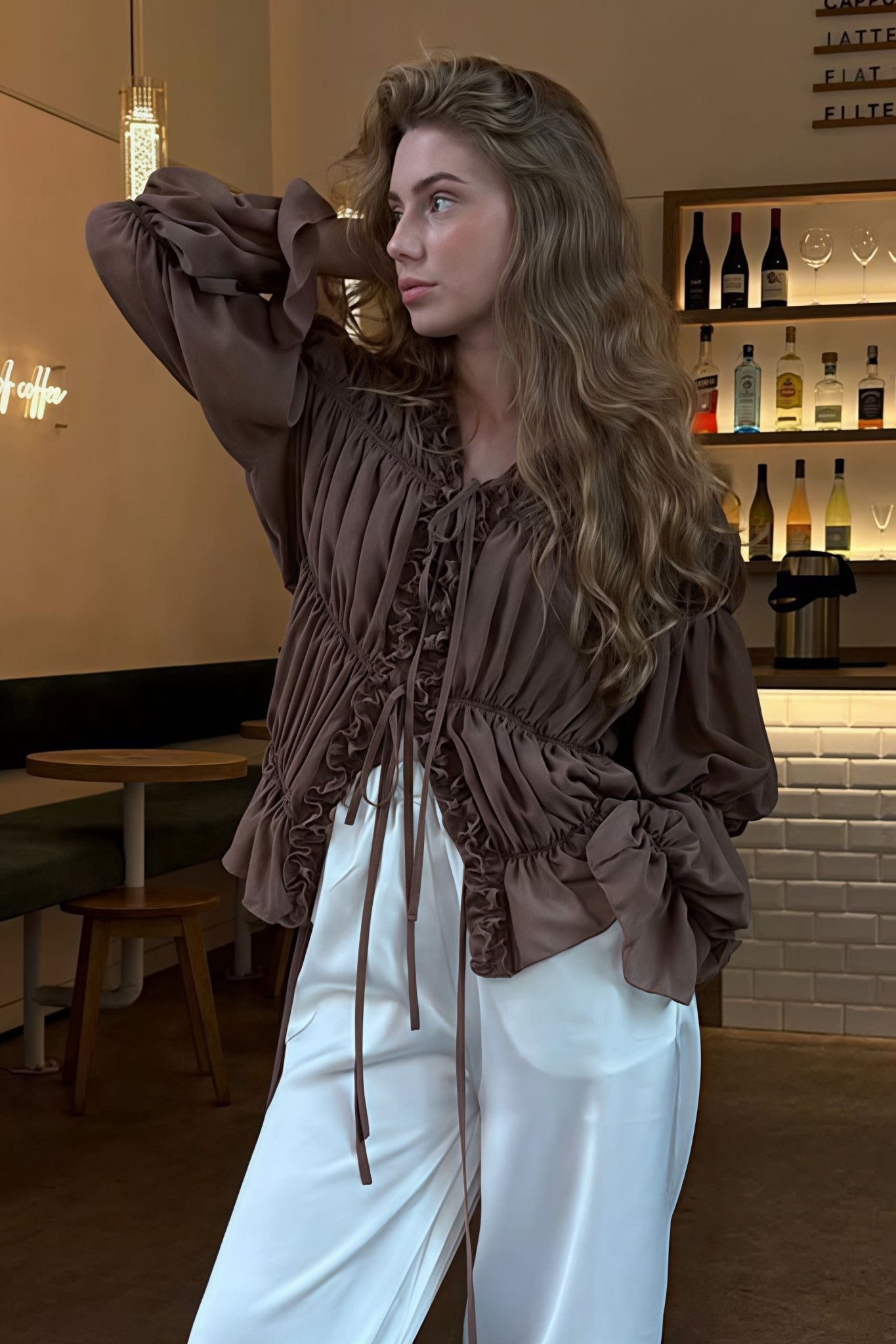 Women's SOERA Beatrice Ruched Ruffle Tie Blouse