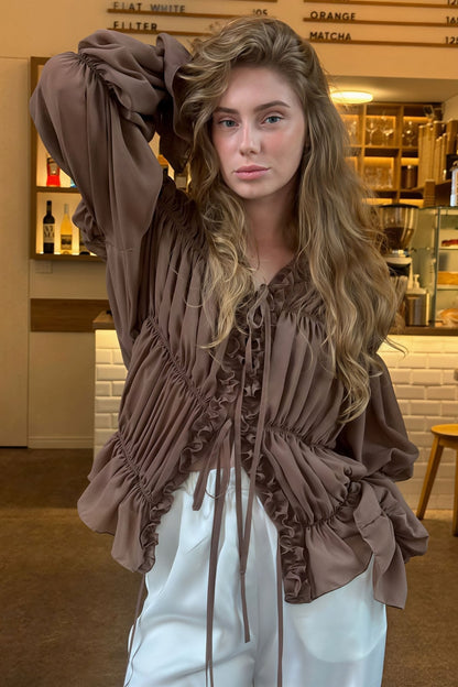 Women's SOERA Beatrice Ruched Ruffle Tie Blouse