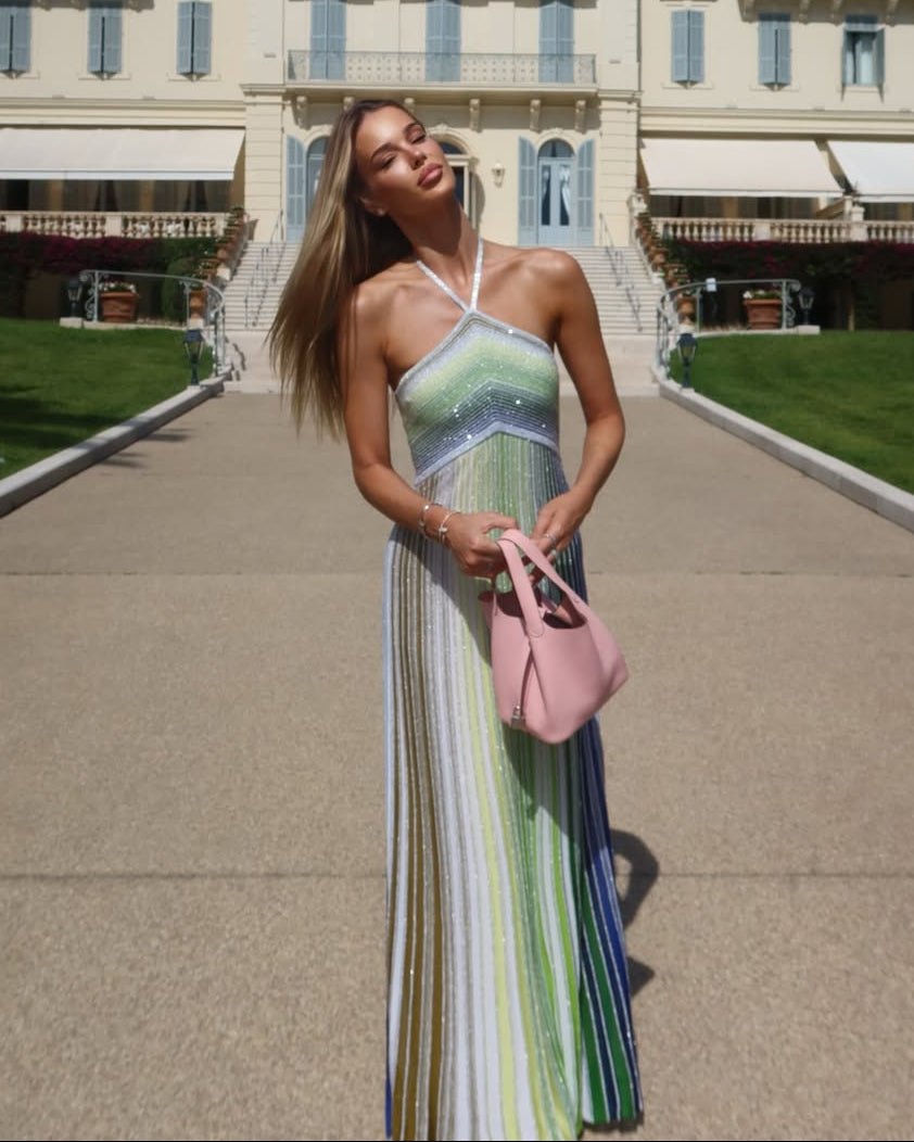 Women's Bianca Sequin Striped Halter Maxi Dress