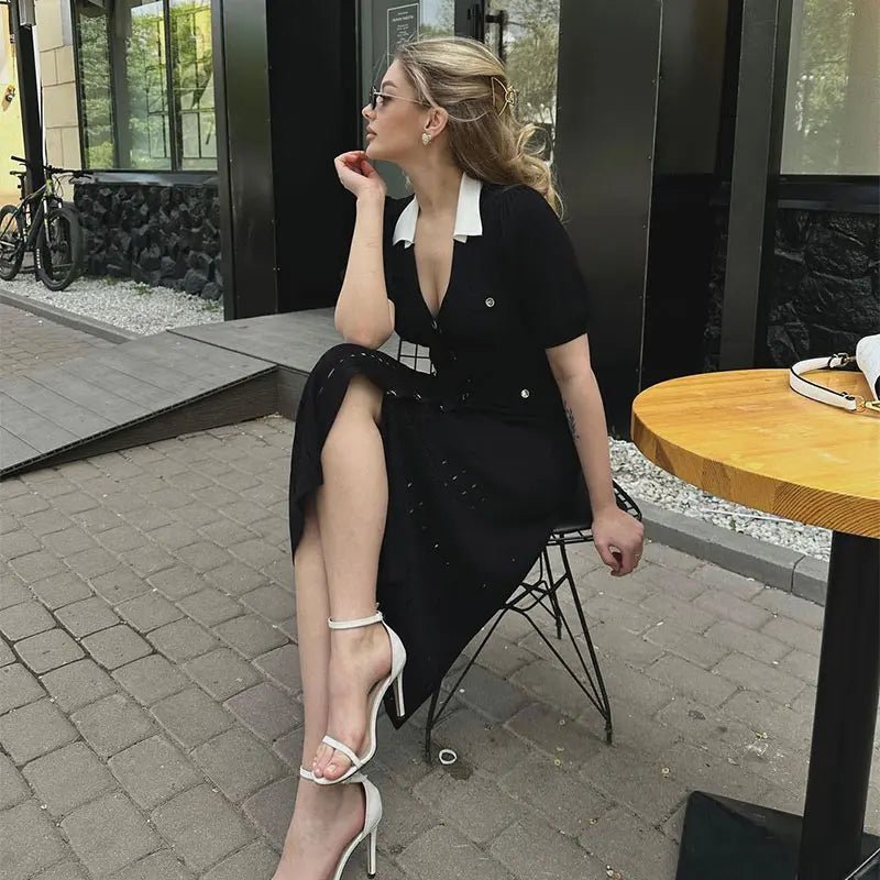 Women's Sophia Knitted V-Neck Contrast Collar Midi Dress