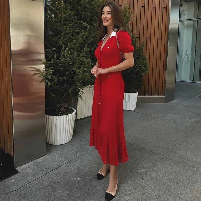 Women's Sophia Knitted V-Neck Contrast Collar Midi Dress