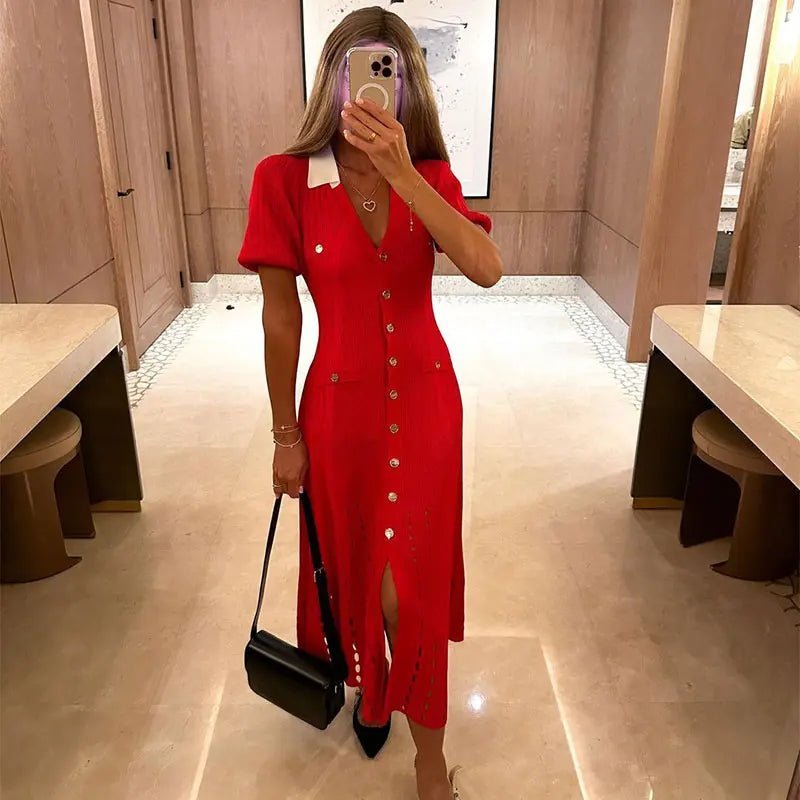 Women's Sophia Knitted V-Neck Contrast Collar Midi Dress