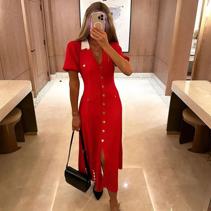 Women's Sophia Knitted V-Neck Contrast Collar Midi Dress