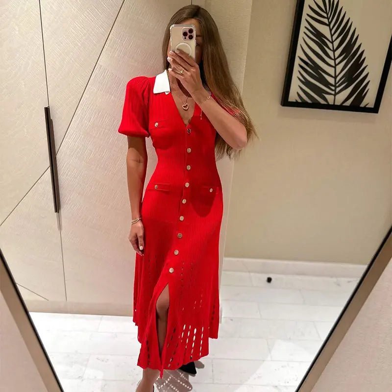 Women's Sophia Knitted V-Neck Contrast Collar Midi Dress