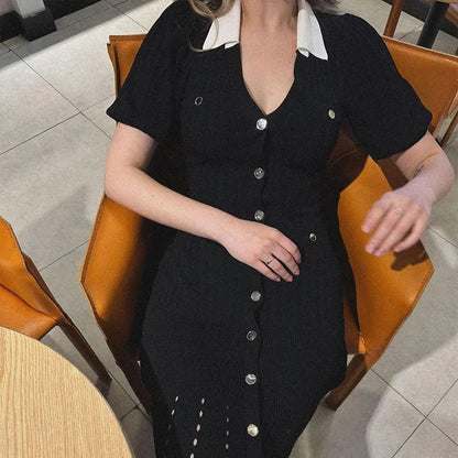 Women's Sophia Knitted V-Neck Contrast Collar Midi Dress
