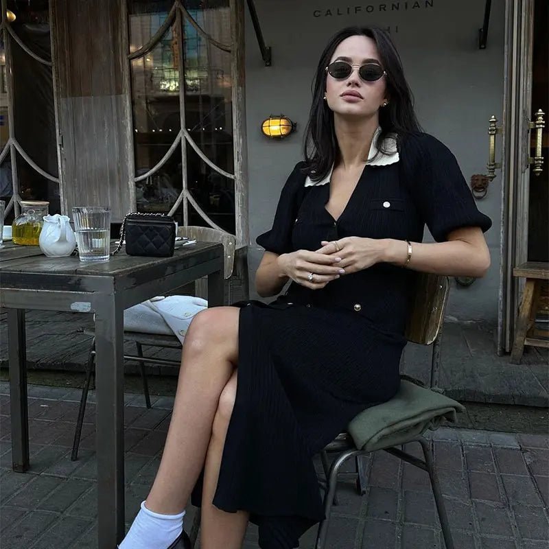 Women's Sophia Knitted V-Neck Contrast Collar Midi Dress