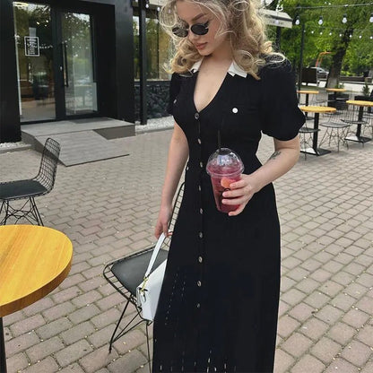 Women's Sophia Knitted V-Neck Contrast Collar Midi Dress