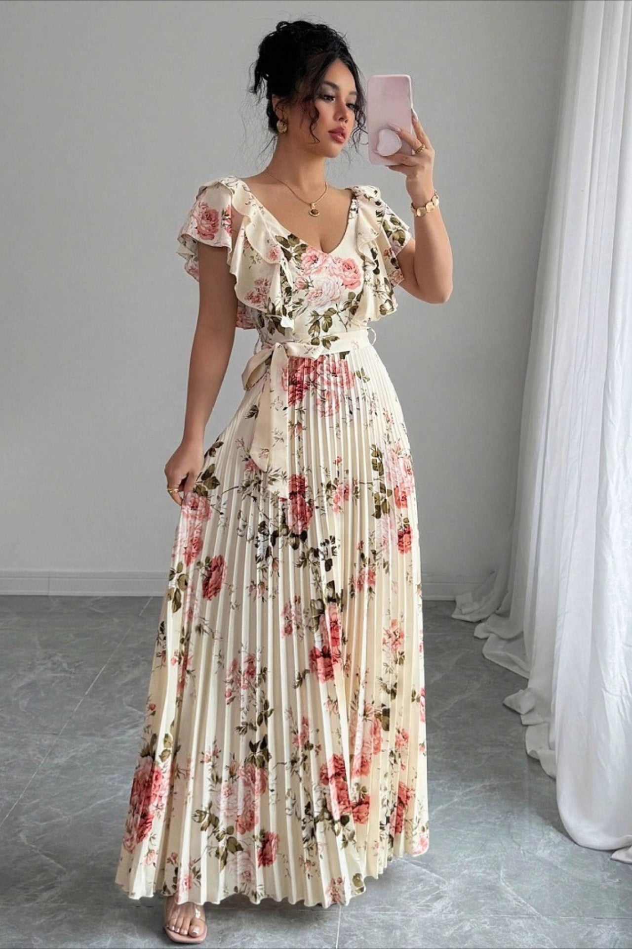 Women's Valentina Floral V-Neck Ruffle Sleeve Maxi Dress