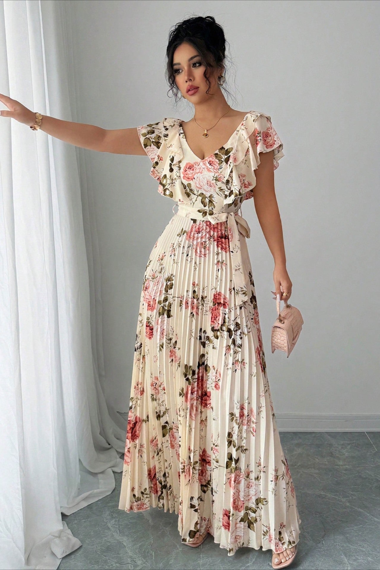 Women's Valentina Floral V-Neck Ruffle Sleeve Maxi Dress