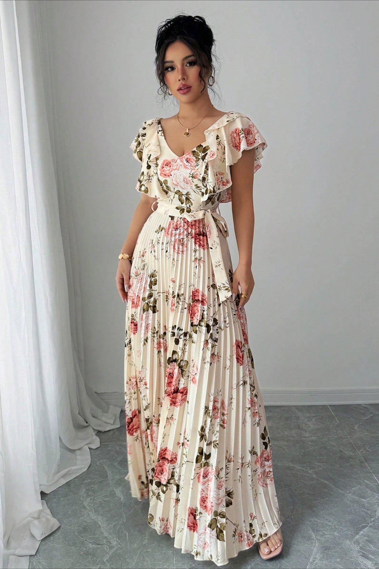 Women's Valentina Floral V-Neck Ruffle Sleeve Maxi Dress