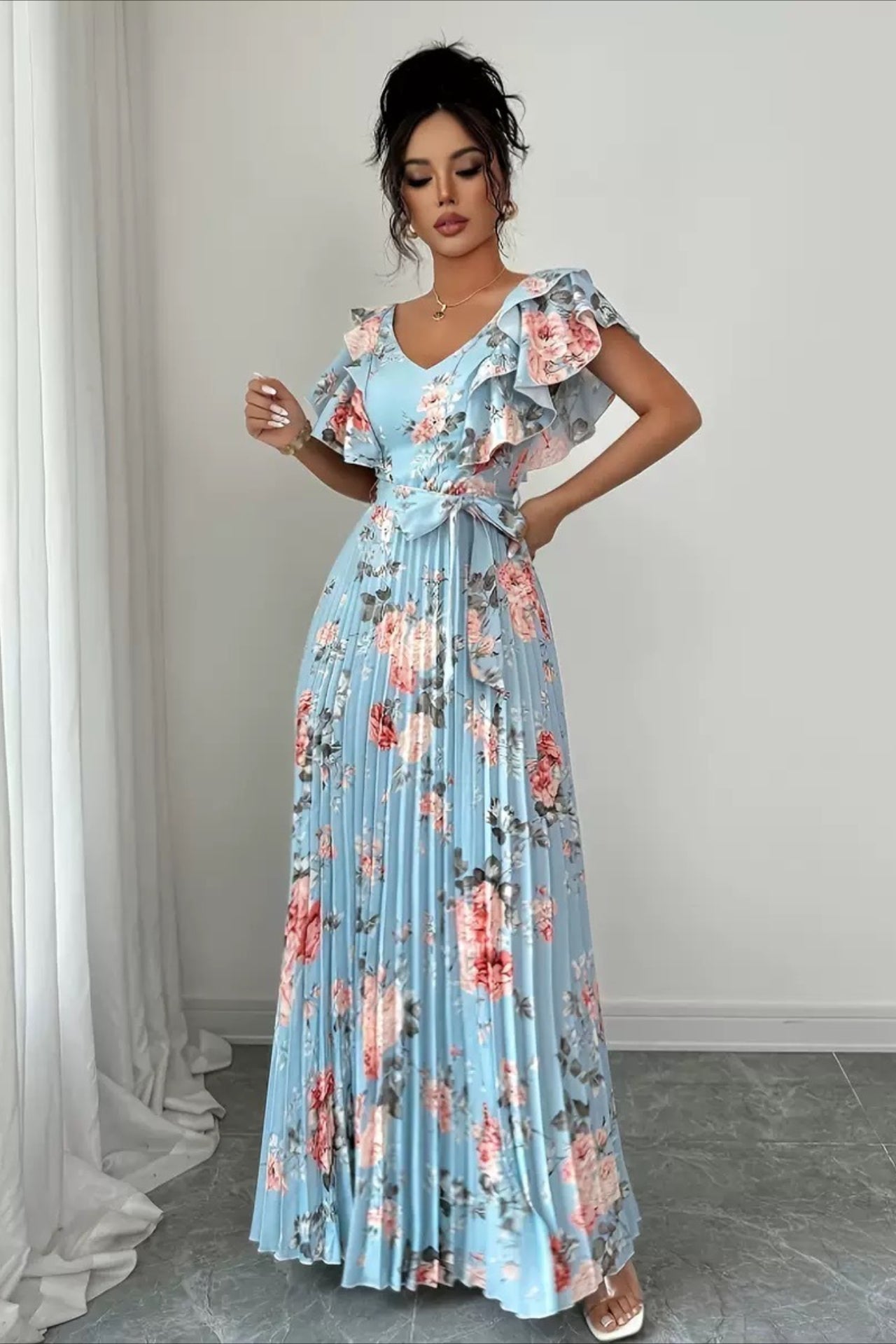 Women's Valentina Floral V-Neck Ruffle Sleeve Maxi Dress
