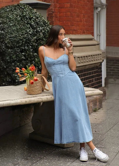 Women's Brianna Corset Denim Midi Dress Light Blue