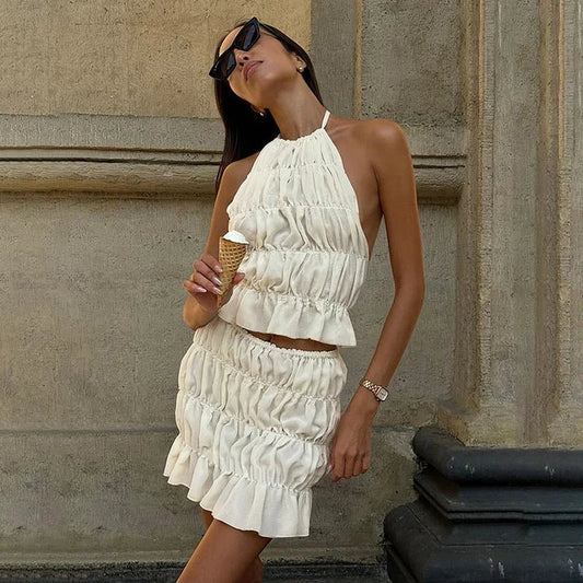 Women's Celeste Pleated Backless Two-Piece Set Beige