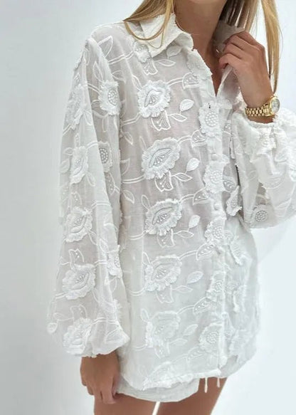 Women's SOERA Beatrice Sheer Embroidered Shirt & High-Waist Shorts Set