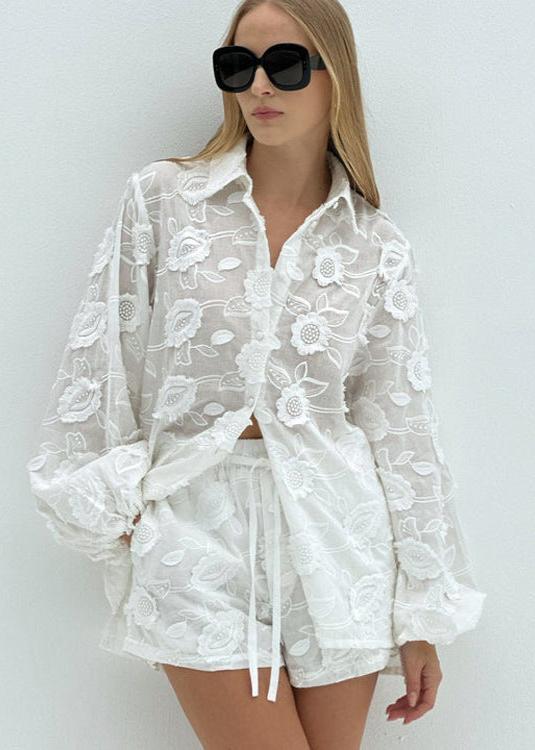 Women's SOERA Beatrice Sheer Embroidered Shirt & High-Waist Shorts Set