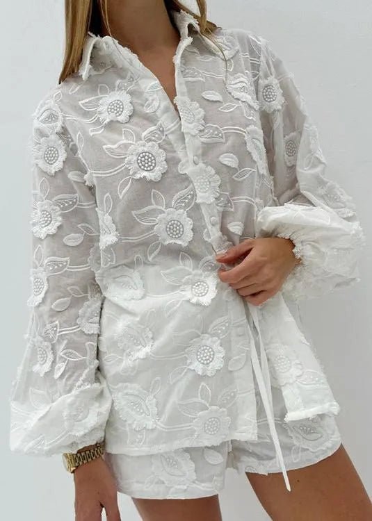 Women's SOERA Beatrice Sheer Embroidered Shirt & High-Waist Shorts Set