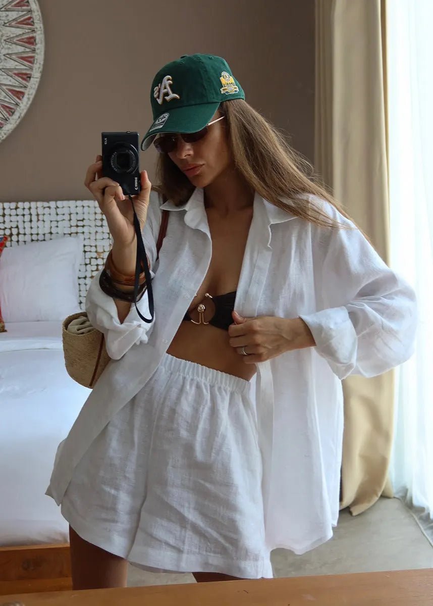 Women's SOERA Camille White Linen Shirt and Shorts Set