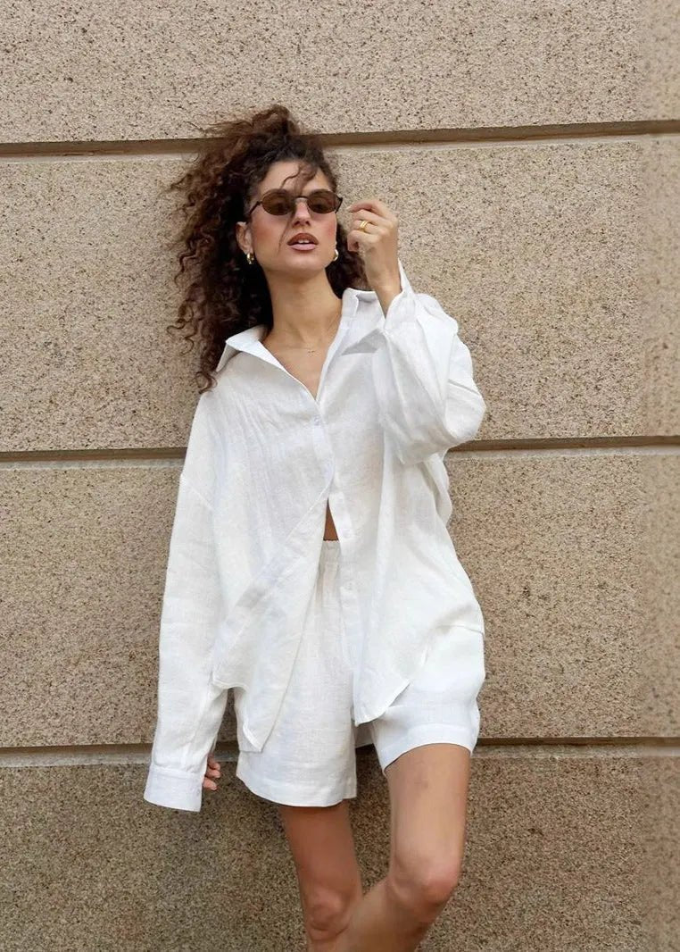 Women's SOERA Camille White Linen Shirt and Shorts Set