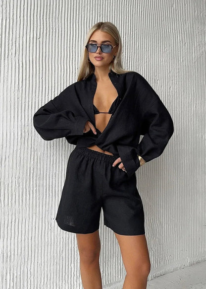 Women's SOERA Camille White Linen Shirt and Shorts Set