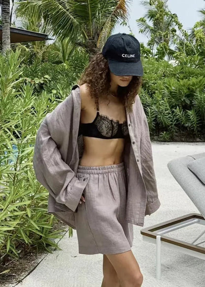 Women's SOERA Camille White Linen Shirt and Shorts Set