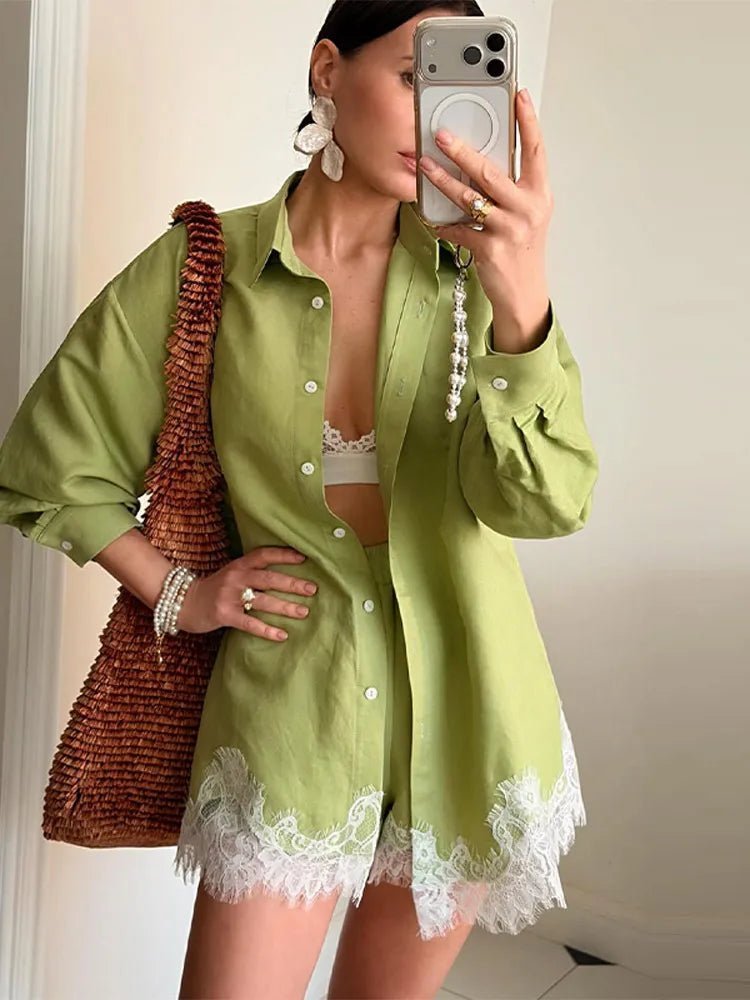 Women's Celeste Lace Patchwork Beach Shirt Set Blue