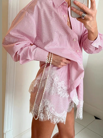 Women's Celeste Lace Patchwork Beach Shirt Set Blue