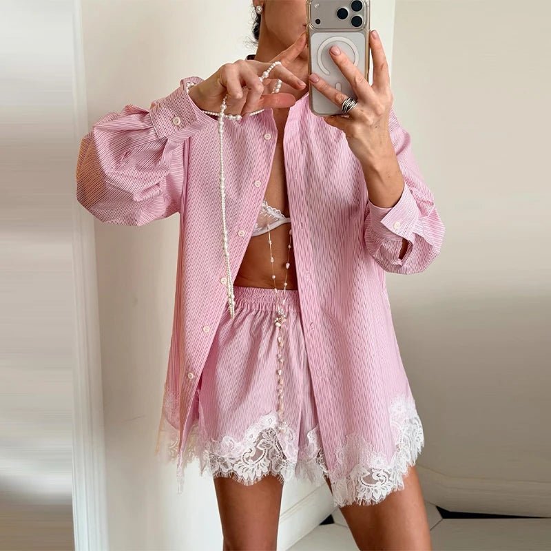 Women's Celeste Lace Patchwork Beach Shirt Set Blue