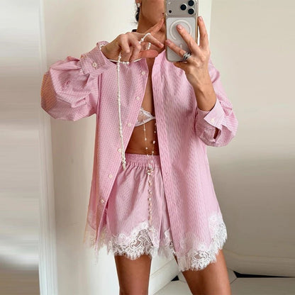 Women's Celeste Lace Patchwork Beach Shirt Set Blue