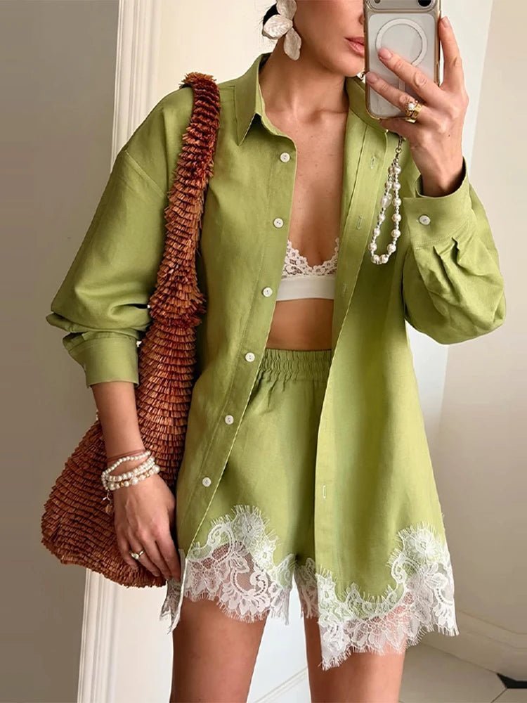 Women's Celeste Lace Patchwork Beach Shirt Set Blue