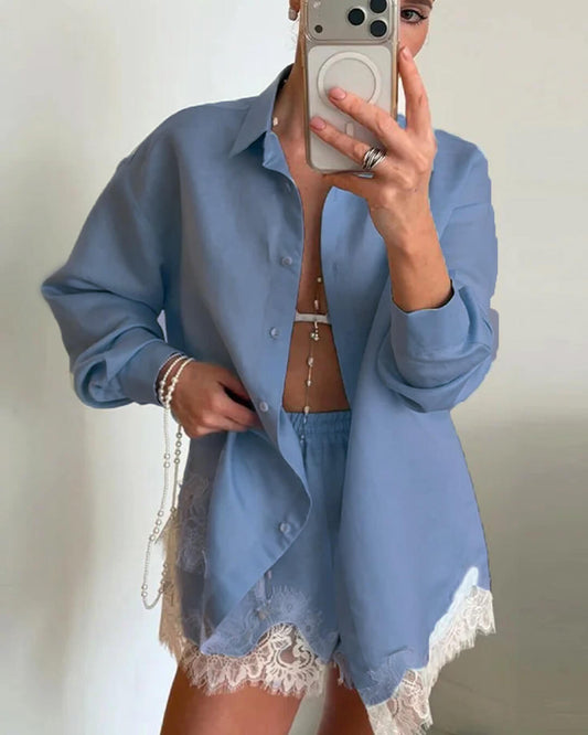 Women's Celeste Lace Patchwork Beach Shirt Set Blue