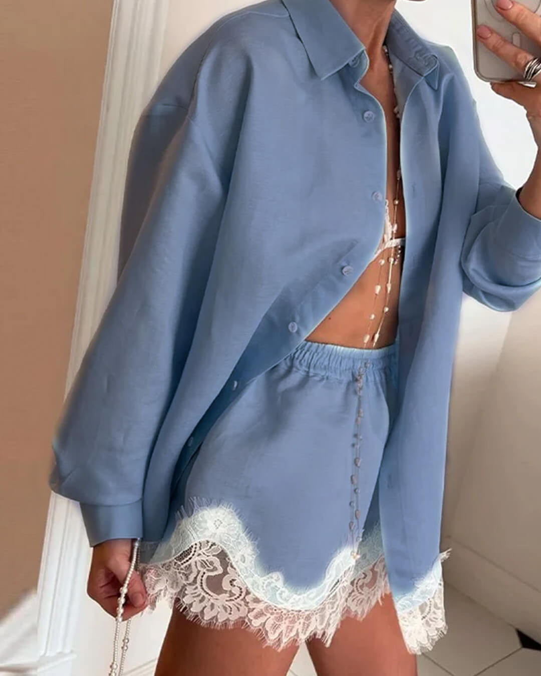 Women's Celeste Lace Patchwork Beach Shirt Set Blue