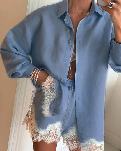 Women's Celeste Lace Patchwork Beach Shirt Set Blue