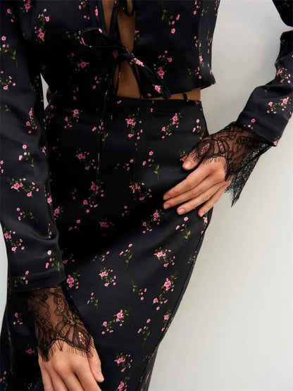 Women's Celeste Lace Trim Floral Hollow Out Top and Maxi Skirt Set Black
