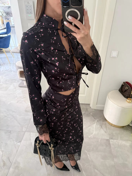 Women's Celeste Lace Trim Floral Hollow Out Top and Maxi Skirt Set Black