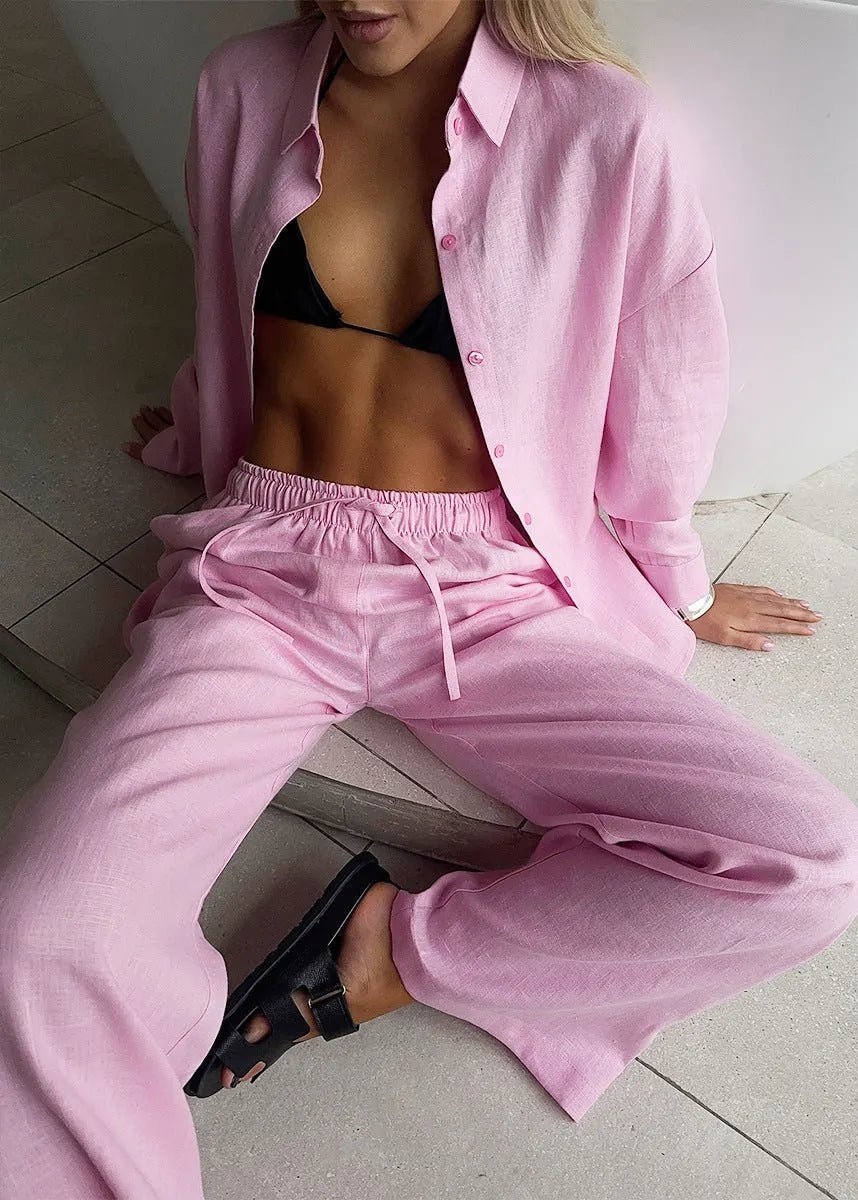 Women's SOERA Sofia Cotton Lounge Set with Button-Up Shirt & Wide Pants