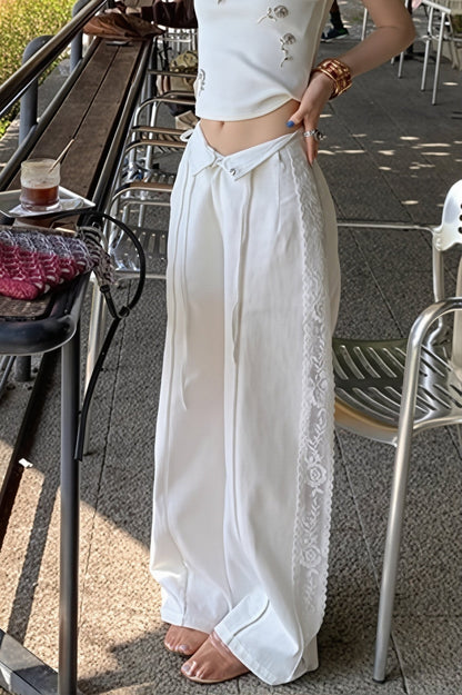 Women's Beatrice Linen Lace Splicing Straight Pants