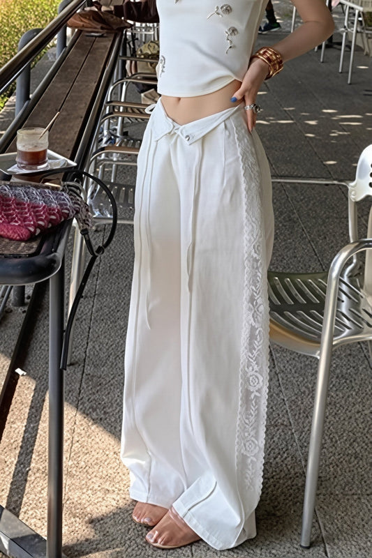 Women's Beatrice Linen Lace Splicing Straight Pants